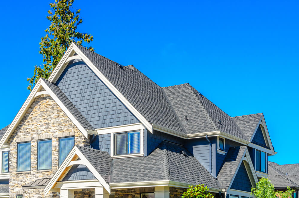 house with blue windows and roof shingles