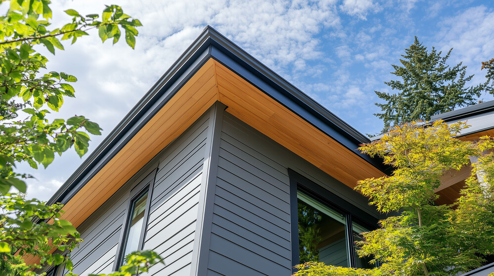 Modern house exterior with wood siding and large window. ..