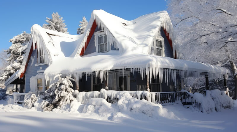 weight roof tree damage illustration snow cottage, pine collapsed, branches snap weight roof tree damage